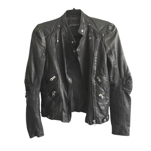 Zara Jackets & Blazers - ZARA Leather Asymmetrical Moto Biker Jacket Black XS